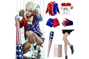 DAZZTIME Déguisement Harley Quinn Fille,Deguisement Harley Quinn Enfant,Harley Quinn Cosplay avec Gants, Veste, T-shirt, Short Sur Le Pour Cosplay Carnaval Halloween Cadeau