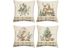 Bonhause Federe per Cuscini Natale Inverno Animali 45 x 45 cm Copricuscini Decorativi Orso Renna Pino Foglie Plaid Federa per Cuscino Divano Letto Casa Natale Decorazione Set di 4