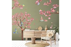 HSDSH Wandtattoo Groß Baum Kirschblüte Wandaufkleber Rosa Kirschbaum Blumen Vögel auf Baum Ast Wandsticker Wanddeko für Wohnzimmer Schlafzimmer Kinderzimmer Sofa Hintergrund
