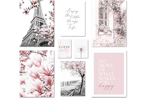 ARTFAVES® Poster Set, Spring in Paris, Multi-Piece Wall Decoration, Living Room and Bedroom, 8 Modern Wall Pictures, Spring, Black, White, Pink, Fashion, Unframed