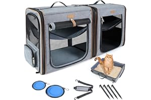 Lekeinchi 2-in-1 Cat,Dog Carrier for Small Medium Large Pets up to 35 Lbs, (17.7"*2)*16.5"*13" Car Travel Carrier with Litter Tray, Bowl and Locking Zipper (Grey)
