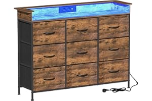 VEDECASA Komoda z 9 szufladami i oświetleniem LED, 2 porty USB i 2 gniazda AC, komoda z drewnianym blatem i szufladami z materiału, metalowa rama do sypialni (brązowa, 9 szuflad)