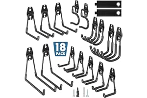 BONTEC 18 Pack Heavy Duty Black Garage Storage Hook, Steel Wall Mount with Anti-Slip Coating, Holds 211kg Brick 502kg Drywall, U J S Designs for Tool Storage, Bike Hook, Ladder Mount, Easy Install