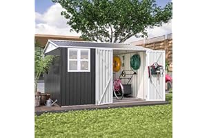 BIRCHTREE Garden Shed Steel Apex Roof House Outdoor Backyard Storage With Lockable Double Doors Window Free Foundation Tool Equipment Organizer Air Vents 10x10FT Anthracite