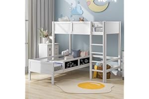 MOREASE Kids Bunk Bed, L Shape Sleeper Bunk Beds with Blackborad, Shorty Low Bunk Bed for Kids Toddler Children Teens, Easy to Assemble 3FT (90x190cm) White