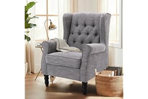 ‎COLAMY COLAMY Mid-Century Modern Sessel Wohnzimmer, Gepolsterter Wingback-Sessel mit Knopfsteppung, loungesessel Bezug aus Gewebe mit Massivholzbeinen für Wohnzimmer, Büro, Café - Dunkelgrau