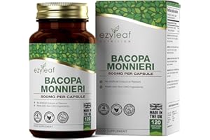 EZYLEAF NUTRITION Ezyleaf Bacopa Monnieri 500mg High Strength Bacopa 120 Capsules | Bacopa-Extract Ayurvedic Brahmi Powder Capsules | Vegan, Non-GMO Allergen & Gluten Free | Made in UK