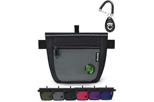Gobeigo Dog Treat Pouch and Training Clicker, Upgrade Two Magnetic Closure to Prevent Spills, 2 Cup Treat Bag with Poop Bag Dispenser, Metal Clip Waist Belt Fanny Pack for Pet Walking (Black/Gray)