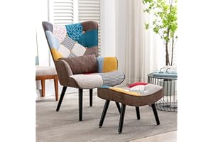 HomeMiYN Patchwork Chair,Accent Armchair with Ottoman Single Sofa Chairs with Footstool and Pillow,Fabric Upholstered High Back Armchairs Lounge Chair for Living Room Reading Bedroom