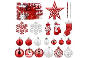 SOLEDI Set di 128 Palline di Natale - Accessori Decorativi per L'Albero di Natale - addobbi Natalizie in Rosso e Bianco - Diverse Forme di Palline ed Un Puntale per Albero di Natale