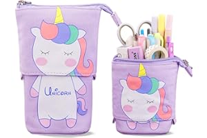 TOYESS Stand Pencil Holder,Telescopic Cartoon Cute Cat Pencil Case Cosmetic Durable Canvas Stationery Makeup Bag for Boys Girls Students and Office Supplies, Unicorn Purple