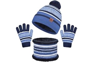 heekpek 3 Pieces Hat And Scarf Sets for kids Winter Pom Pom Hat Scarf Gloves Set for Girls Boys Warm Knitted Beanie Hats Snood Scarf and Gloves for Children