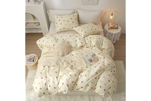 Tabeskly Kids Girls Bedding Set Double, Yellow Strawberry Cute Soft Zipper Childrens Full Bed 3 Piece Cover Duvet Quilt Covers and Pillowcases - Mildly Cosy Budget Bedclothes 200×200cm