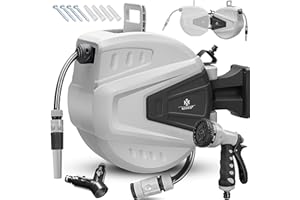 KESSER® Enrollador de mangueras Agua | Ducha de mano múltiple | Giratorio 180° | Tapón de rebobinado | Montaje en la pared | Caja de mangueras de pared | Manguera de jardín, gris 30 M