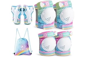 SULIFEEL Rodilleras de unicornio arco iris para niños, rodilleras, coderas, muñequeras con cordón, bolsa de cordón, equipo de protección ajustable, juego de equipo de protección para niñas, patinaje,