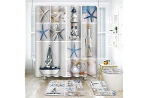 ArtSocket 4 Pcs Shower Curtain Set Nautical Summer Sea Shell Beach Lighthouse Pearl Sand Seashell Bottle Blue White Ocean with Non-Slip Rugs Toilet Lid Cover and Bath Mat Bathroom Decor 72" X 72"