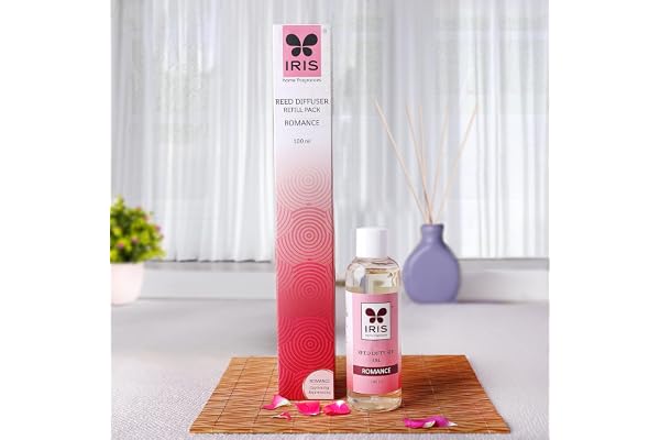 Iris Home Fragrances Reed Diffuser Refill Pack with 100ml Diffuser Oil and 16 Reed Sticks - A 24hr Aromatic Experience, Truly maintainance Free (Romance)