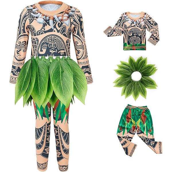 BSBUY Maui Kostüm Für Kinder - Moana Cosplay Set Mit Tattoo Top & Blatt Hose