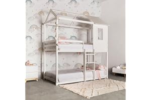 MUEMUE Litera Tipo Montessori con Forma De Casita Medidas 201,5 Cm Ancho X 227 Cm Alto X 97,5 Cm Fondo Madera Maciza, Blanco