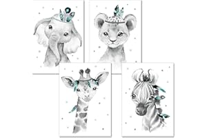 LALELU-Prints | A4 Bilder Kinderzimmer Deko Mädchen Junge | Zauberhafte Indianer-Tiere Boho Feder mint | Poster Babyzimmer | 4er Set Kinderbilder (DIN A4 ohne Rahmen)