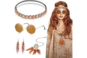 Herdear 4 Stück Hippie Kostüm Set Damen 70er 60er Hippie Accessoires Enthalten Runden Hippie Sonnenbrille Boho Kristall Stirnband Lange Feder Halskette Ohrring für Frauen Mädchen Cosplay