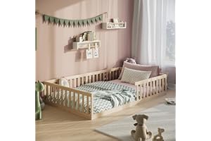 ‎KIDS COLLECTIVE Kids Collective Kinderbett Bodenbett 140x200 cm mit Rausfallschutz & Lattenrost Montessori Bett Bed Gitterbett Kinder Jugendbett Einzelbett | Natur weitere Größen | 90x200 | 120x200 cm
