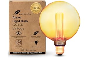 greenandco E27 LED Lampa Vintage Smart WiFi G125 Bärnsten 3.8W 160lm 1800K | LED WiFi Smart Glödlampa E27 extra varmvitt, 320° Strålvinkel, 230V, Flimmerfri, Kompatibel med Alexa och Google Assistant