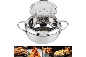 Alvinlite Deep Frying Pot, Tempura Fryers with Thermometer and Lid, Mini Janpanese Basket with Oil Drainer for French Fries, Shrimps, Chicken Wings (L-9.4in)
