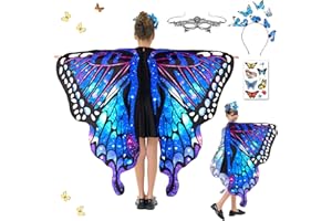 HILKKET Schmetterling Sling Umhang für Kinder, 4 Pcs Schmetterlingsflügel für Mädchen Mit Schmetterlingsring Stirnband Schmetterling Flügel Kostüm, Feenflügel Prinzessin Party Elfen 136 x 105cm