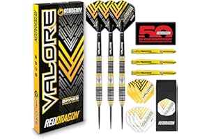 ‎RED DRAGON RED DRAGON Valore 22g Mosiężny Zestaw Rzutek ze stalowymi końcówkami, lotkami i trzonkami (szaftami) w tym portfel na rzutki
