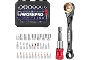 WORKPRO 34-delad dubbeländad 1/4 tum mini spärrnyckel set innehåller 23-delad skruvmejsel bitar och 8-dels uttag, 72-tandad h