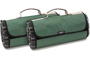 Greenfield Collection 135cm x 148cm Luxury Twin Set 2x Forest Green Plaid Moisture Resistant Picnic Blanket for Camping, Outdoor, Park, Hiking Beach With carrying Handle