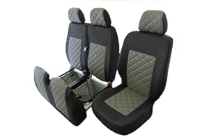 TEXMAR Fundas de asiento 2+1 (1 individual 1 doble) de piel ecológica, negro y gris, para Volkswagen Transporter T5 T6 después de 2004