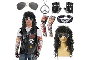 HEARTSKING 8 Pcs Rockstar Fancy Dress, Glam 80s 90s Men Costume Outfit with Heavy Metal Wigs Vintage Headband Sunglasses Gloves Tattoo Sleeves Necklaces Rock Hard Rocker Accessories World Book Day Costumes