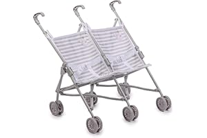 JC Toys - Passeggino gemellare, pieghevole a forma di ombrello, per bambole fino a 45 cm, ideale per giocare e passeggiare, bianco e grigio a righe, decorazione elefante, progettato da Berenguer, +2