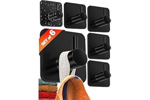 4smile Self Adhesive Hooks - Set of 6, Black - Waterproof Sticky Hooks for Hanging Towels - Stick on for Heavy Duty Waterproof, Bathroom Towel Rail, Tea Towel Holder