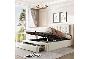 KAYAN Upholstered Double Bed 135 x 190cm, Ottoman Storage Bed with Hydraulic Lever and Drawer, Large Storage Space, Velvet Fabric Ottoman Lift Up 4FT6 Double Bed Frame, No Mattress (Cream, 135 x 190cm)