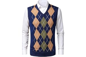 KTWOLEN Mens Argyle Sweater Vest V-Neck Sleeveless Jumper Slipover Wool Blend Knitted Gilets Knitwear Waistcoat Tank Top