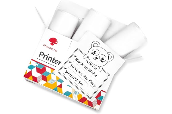 Phomemo Rouleaux de Papier Autocollant Blanc pour Mini-imprimantes T02/M02X/M02L/Q02-3 Rouleaux, 53 mm x 6,5 m, Durée de Conservation de 10 Ans, Compatibles avec Phomemo T02/M02X/M02L/Q02.