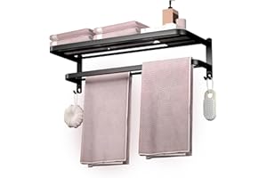 DDS-DUDES Bathroom Towel Rack Towel Shelf with Double Towel Bars Lavatory Wall Mount Holder with Hooks Stainless Steel Hotel Bath Rack (Matte Black 24 inches)