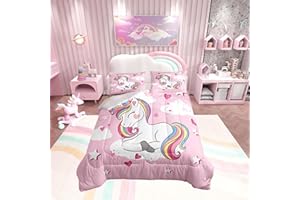 Loussiesd Juego de edredón de unicornio para niños y niñas, juego de ropa de cama con corazón rosa, regalo de unicornio, edredón acolchado tamaño King