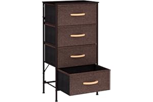 KU Syang Dresser with 4 Drawers - Fabric Chest of Drawers with Large Storage Space, Modern Tall Tower Unit Storage Organiser for Living Room/Bedroom, Wooden Top and Metal Frame (Coffee)