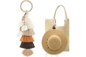 RUNROLE Handmade Tassel Hat Clip for Travel on Bag, Sun Hat Holder for Summer Beach Tote Bags, Travel Accessories for Women(Gradient Khaki)