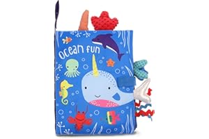 SOSPIRO Baby Cloth Books Quiet Book for Toddlers Soft Baby Books with 3D Animal Tails Safe Nontoxic Early Learning Babies First Books Gifts for 0-3 Year Old Toddlers(Ocean)