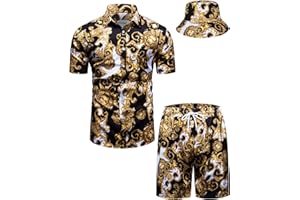 fohemr Outfit Men's Baroque 2-Piece Golden Chain Pattern Shirt Shorts with Bucket Hat Leisure Suit Summer Holiday Beach Set