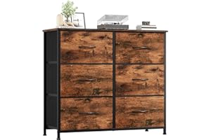 ‎SOMDOT Somdot Kommode mit Schubladen aus Stoff, Komodenschrank, Kommode für Schlafzimmer Wohnzimmer Flur, Schubladenschrank Aufbewahrungsschrank Stoffkommode, 6 Stoffschubladen, Holzmaserung