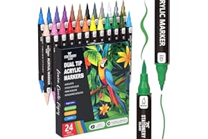 STATIONERY ISLAND Permanent Acrylic Paint Pens 24 Colours – Dual Tip Markers for Rock, Pumpkin, Stone, Glass, Ceramic, Wood & Fabric – Fine & Brush Tip Water Based Paint Pens for Halloween Crafts