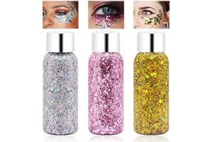 KUIRUNRX Gel de purpurina corporal,3 colores Purpurina Gruesa Brillante,Lentejuelas de sirena con purpurina líquida,Body Glitter Gel,Sombra de Ojos Brillantes Líquida Purpurina Holográfica (A)
