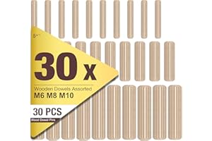 5 PLUS 5Plus 30-Piece Assorted Wooden Dowels Set – M6, M8, M10 Hardwood Grooved & Fluted Pins for Furniture, Woodworking, and Crafting (6mm, 8mm, 10mm)