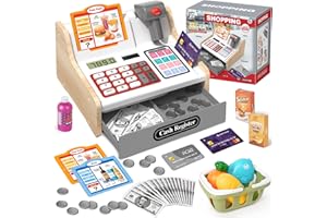 KIZJORYA 2025 Registratore di Cassa Giocattolo in Legno con Calcolatrice Scanner Giochi per Bambini 3+ Anni, Giocattoli Negozi di Giochi Finti Regali Educativi per Ragazze Ragazzi 3 4 5 6 7Anni, Bianco&Grigio